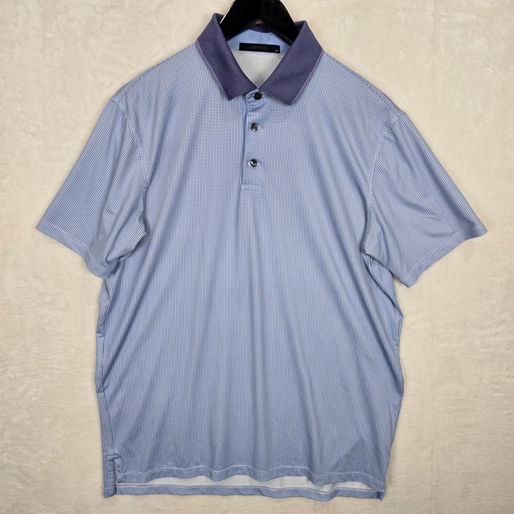 Greyson Mens Blue Micro Check Golf Polo Shirt Size Medium Stretch performance